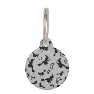 Flying witch among half moon at Halloween night 3D Pet ID Tag