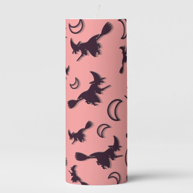 Flying witch among half moon at Halloween night 3D Pillar Candle (Front)