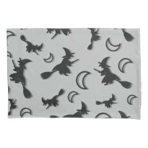 Flying witch among half moon at Halloween night 3D Pillow Case