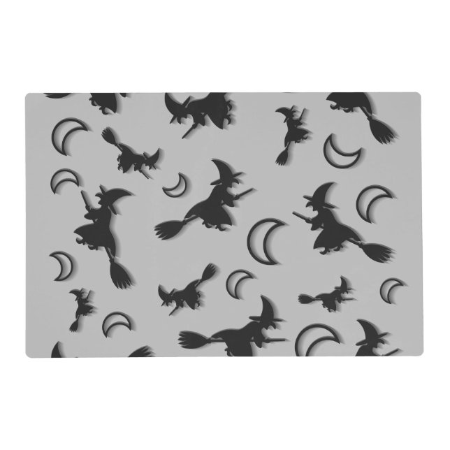 Flying witch among half moon at Halloween night 3D Placemat (Front)