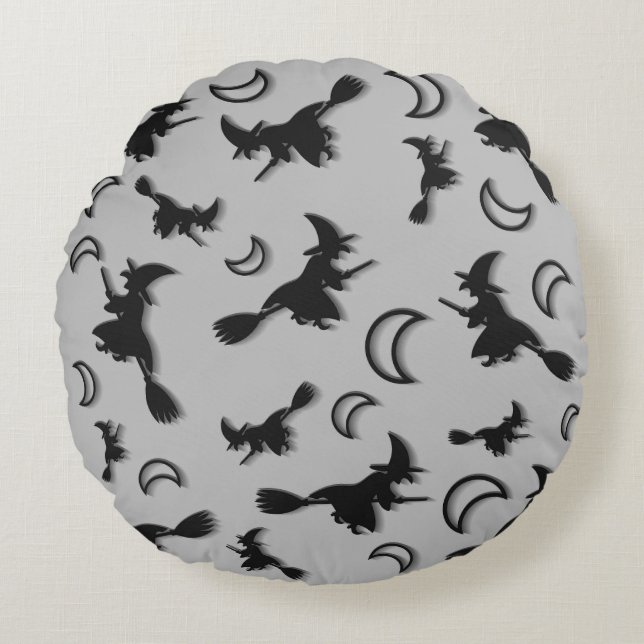 Flying witch among half moon at Halloween night 3D Round Pillow (Front)