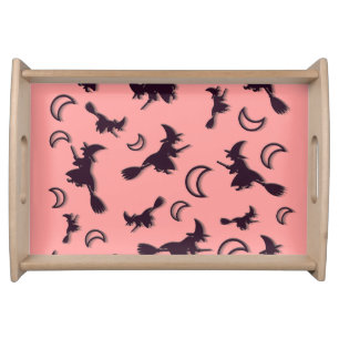 Flying witch among half moon at Halloween night 3D Serving Tray