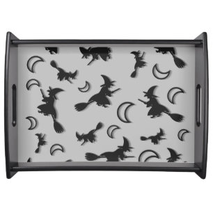 Flying witch among half moon at Halloween night 3D Serving Tray