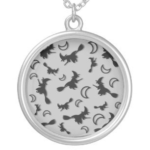 Flying witch among half moon at Halloween night 3D Silver Plated Necklace