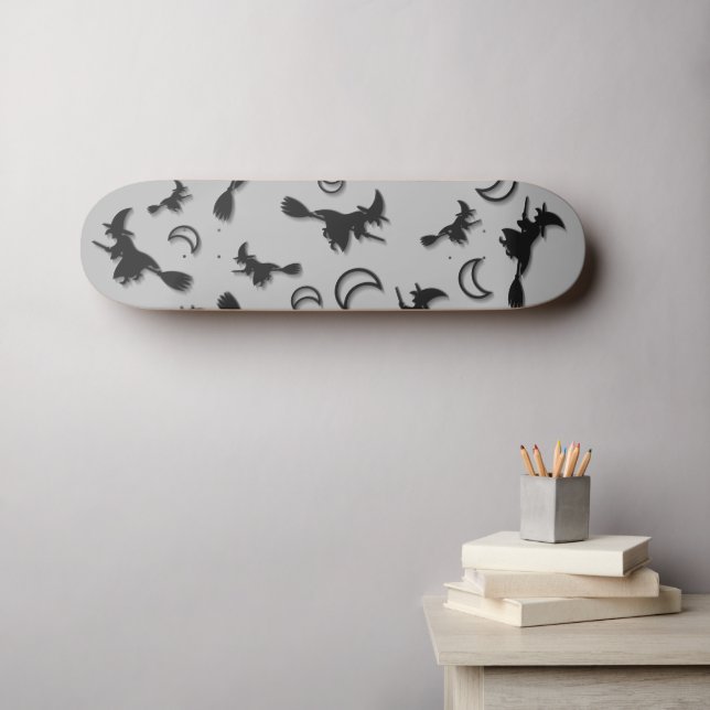 Flying witch among half moon at Halloween night 3D Skateboard (Wall Art (Horz))