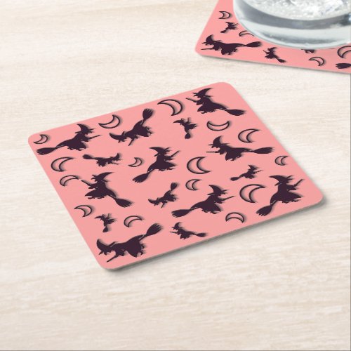 Flying witch among half moon at Halloween night 3D Square Paper Coaster