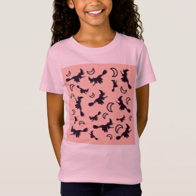 Flying witch among half moon at Halloween night 3D T-Shirt (Front)