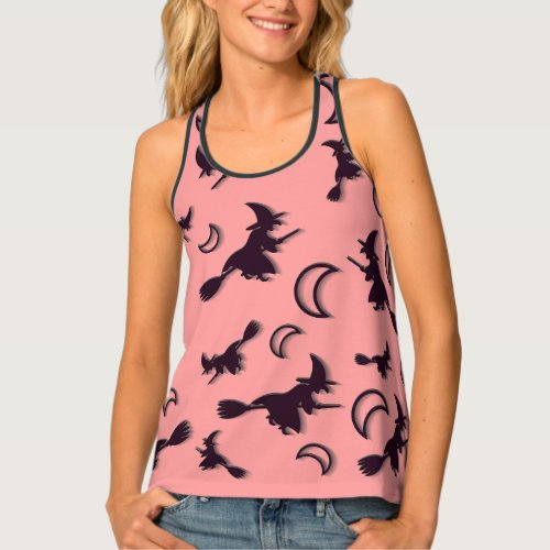 Flying witch among half moon at Halloween night 3D Tank Top