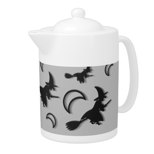 Flying witch among half moon at Halloween night 3D Teapot (Right)