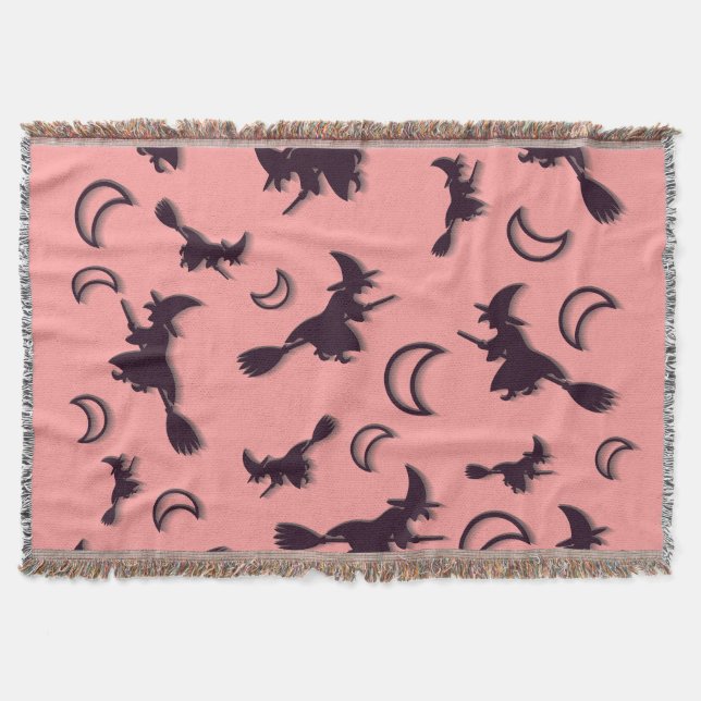 Flying witch among half moon at Halloween night 3D Throw Blanket (Front)