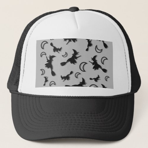 Flying witch among half moon at Halloween night 3D Trucker Hat