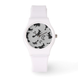 Flying witch among half moon at Halloween night 3D Watch