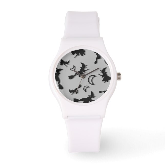 Flying witch among half moon at Halloween night 3D Watch (Front)