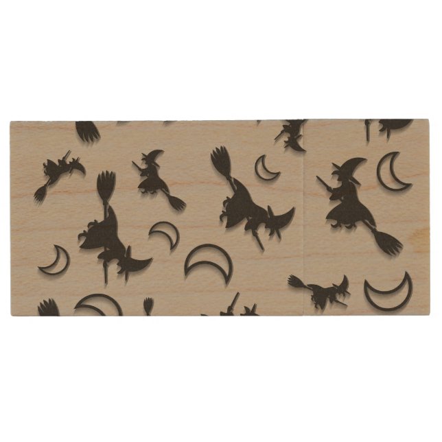 Flying witch among half moon at Halloween night 3D Wood Flash Drive (Front)