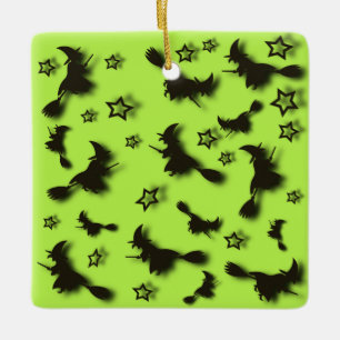 Flying witch among stars at Halloween night 3D Ceramic Ornament