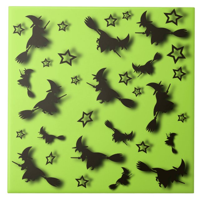 Flying witch among stars at Halloween night 3D  Ceramic Tile (Front)