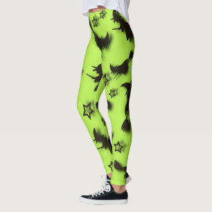 Flying witch among stars at Halloween night  3D  Leggings