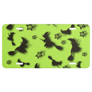 Flying witch among stars at Halloween night 3D License Plate