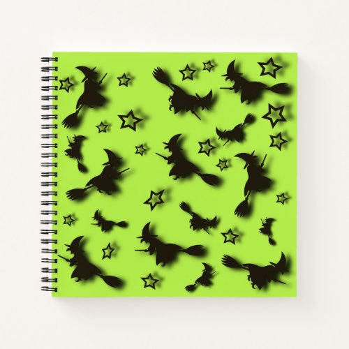 Flying witch among stars at Halloween night 3D Notebook
