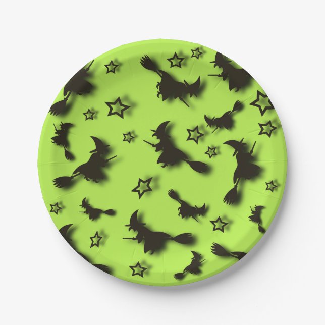 Flying witch among stars at Halloween night 3D  Paper Plates (Front)