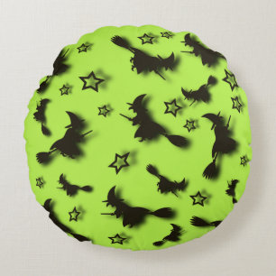 Flying witch among stars at Halloween night 3D Round Pillow