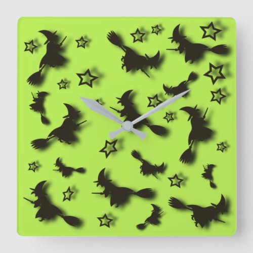 Flying witch among stars at Halloween night 3D  Square Wall Clock