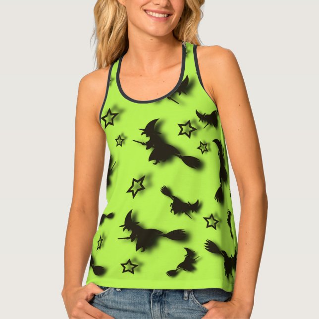 Flying witch among stars at Halloween night  3D  Tank Top (Front)