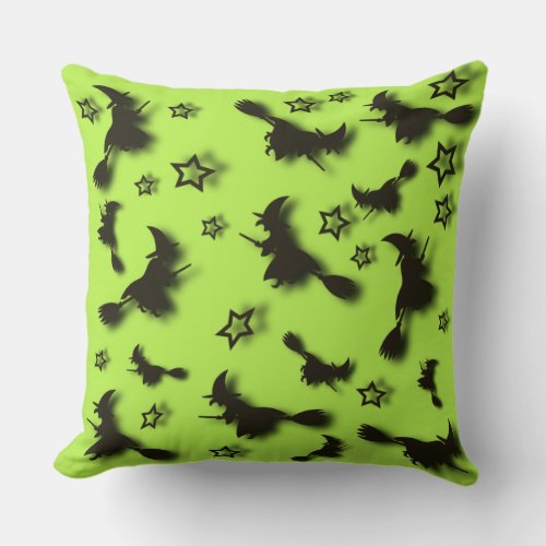 Flying witch among stars at Halloween night 3D  Throw Pillow