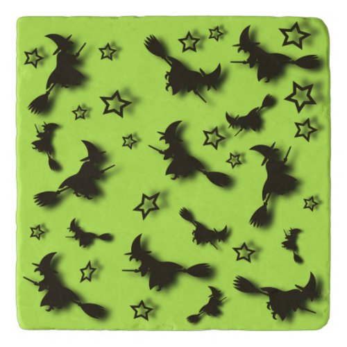 Flying witch among stars at Halloween night 3D Trivet