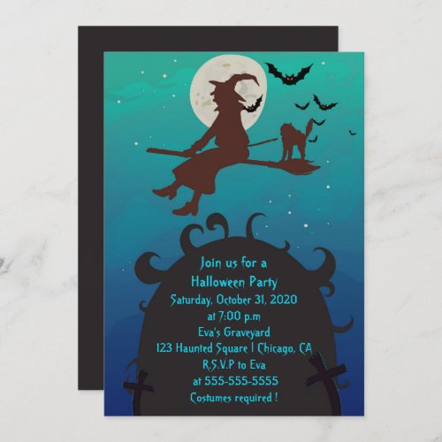 Flying Witch and Cat Halloween Party invitation