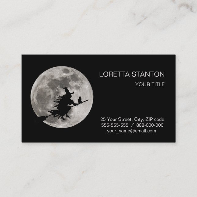 Flying witch at bright moon background business card (Front)