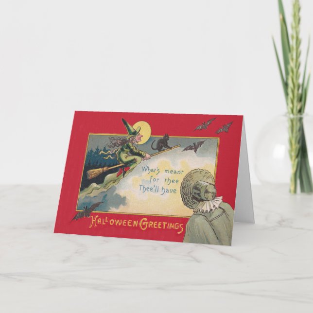 Flying Witch Black Cat Bat Full Moon Card (Front)