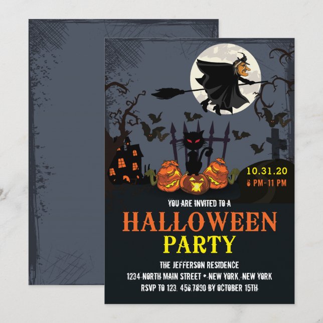 Flying Witch Black Halloween Party Invitation (Front/Back)