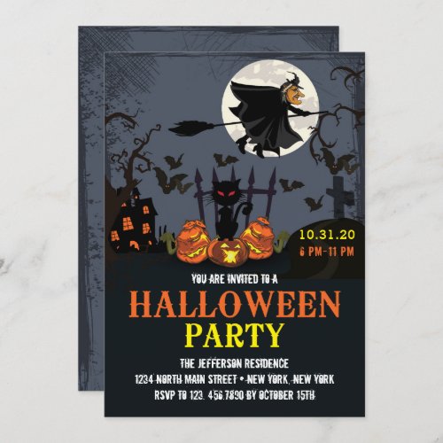 Flying Witch Black Halloween Party Invitation