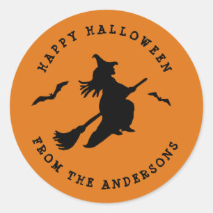 Flying witch Black & Orange Halloween Classic Round Sticker