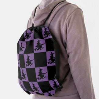 Flying Witch Black & Purple Checkered Drawstring Bag