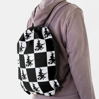 Flying Witch Black & White Checkered Drawstring Bag