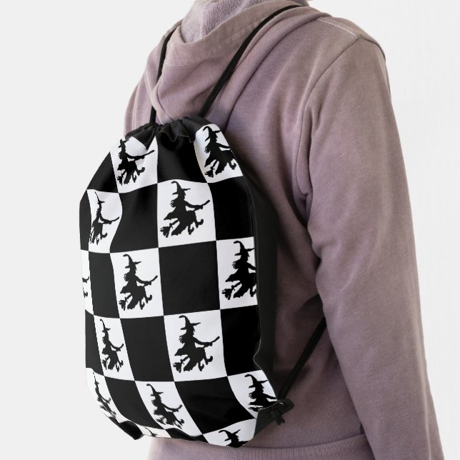 Flying Witch Black & White Checkered Drawstring Bag (Insitu)