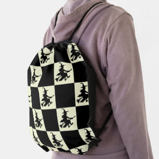 Flying Witch Black & Yellow Checkered Drawstring Bag
