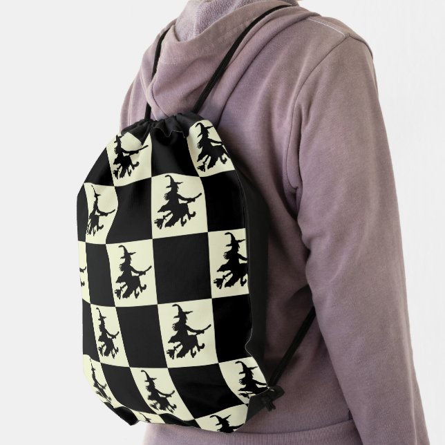 Flying Witch Black & Yellow Checkered Drawstring Bag (Insitu)