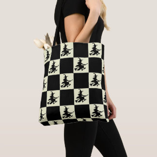 Flying Witch Black & Yellow Checkered Tote Bag