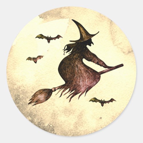Flying Witch Broom Full Moon Bats Classic Round Sticker