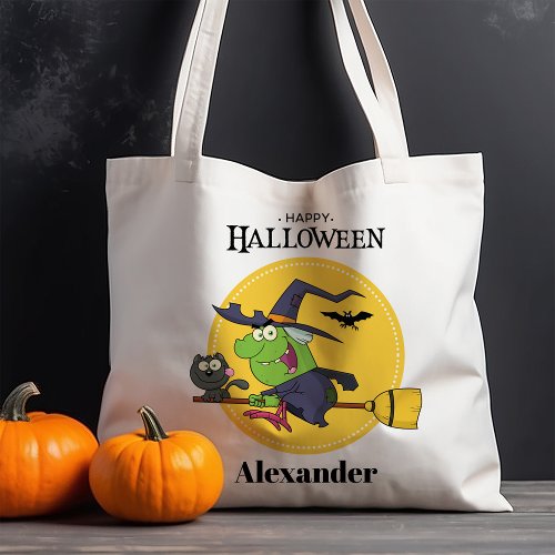 Flying Witch Broomstick Personalized Halloween Tote Bag