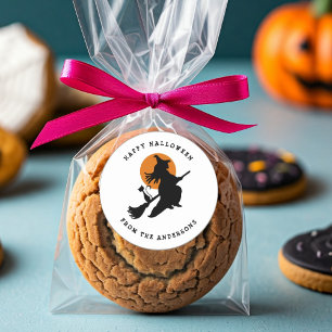 Flying witch & Cat Black & White Halloween Classic Round Sticker