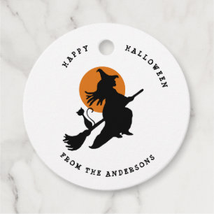 Flying witch & Cat Black & White Halloween Favor Tags