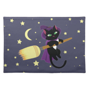 Flying Witch Cat Cloth Placemat