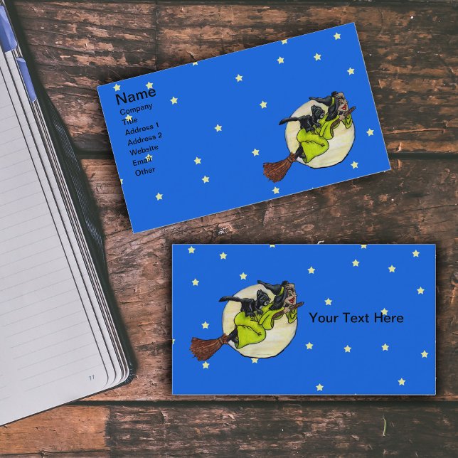 Flying Witch Cat Moon Stars Business Card (Witch green dress flying past moon stars on broom with black cat on blue business cards.)
