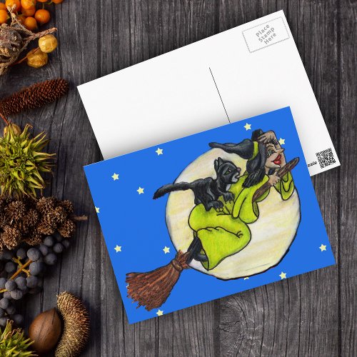 Flying Witch Cat Moon Stars Postcard