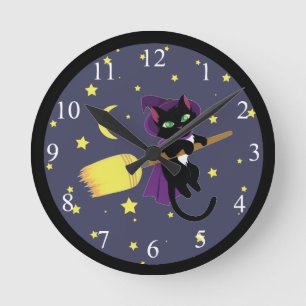 Flying Witch Cat Round Clock