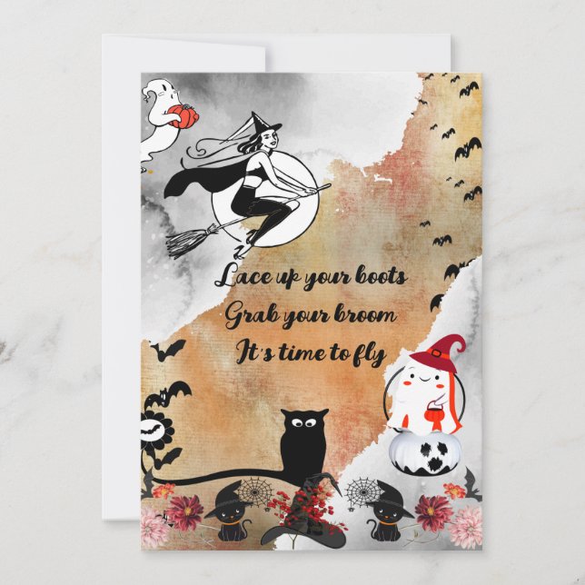 Flying Witch Full Moon Black Cats Spooky Halloween Holiday Card (Front)
